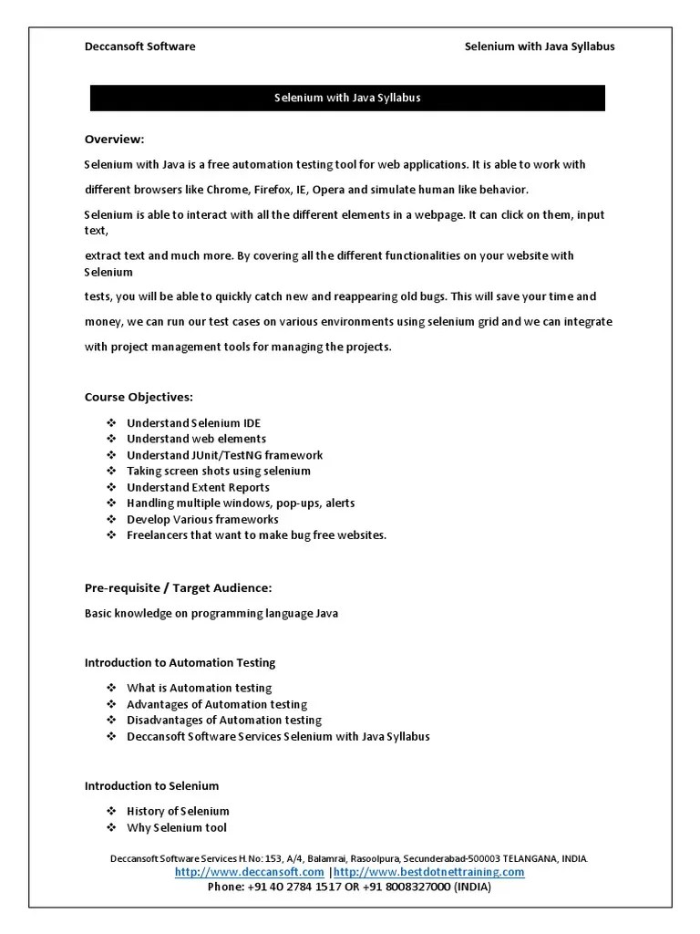 Selenium Java Syllabus | PDF | Selenium (Software) | Software Testing