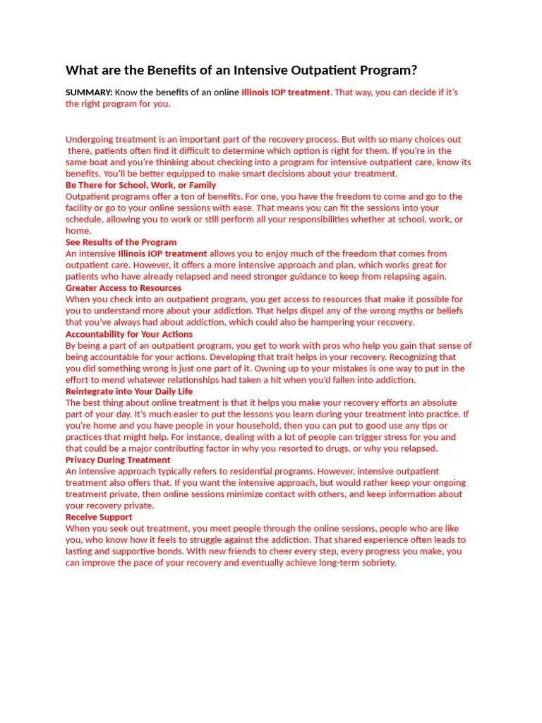 What Are The Benefits Of An Intensive Outpatient Program | PDF | Patient | Psychological Concepts