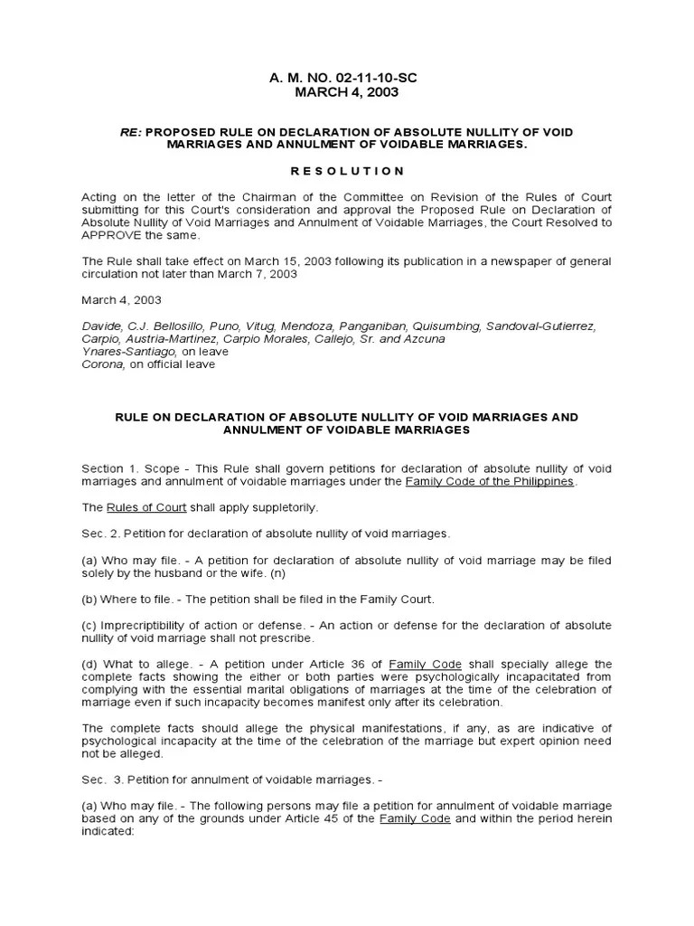 A. M. NO. 02-11-10-SC - Rule On Declaration Of Nullity Of Marriage | PDF | Annulment | Judgment ...