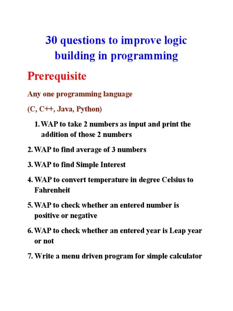 30 Questions To Improve Logic Building In Programming | PDF | Numbers ...