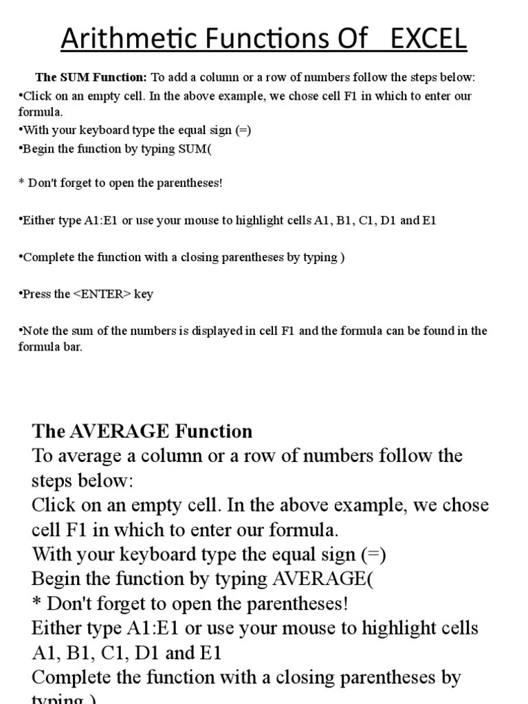 Arithmetic Functions Of EXCEL: The SUM Function: To Add A Column Or A ...