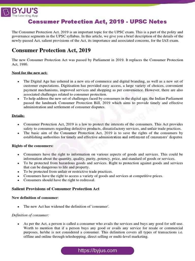 Consumer Protection Act, 2019 - UPSC Notes | PDF | Consumer Protection | Product Liability