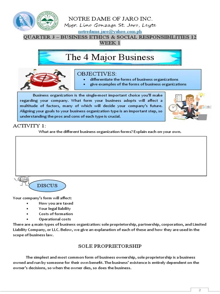 The 4 Major Business Organization Forms: Notre Dame Of Jaro Inc | PDF ...