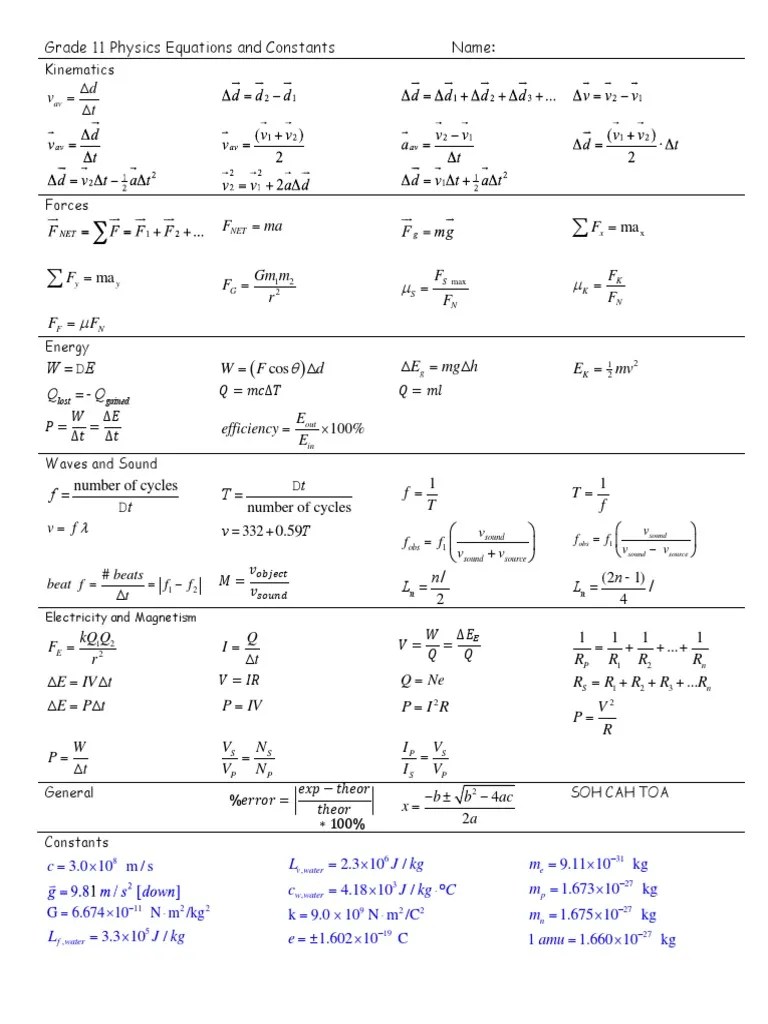 Grade 11 Physics Equations And Constants Name: : Kinematics | PDF ...