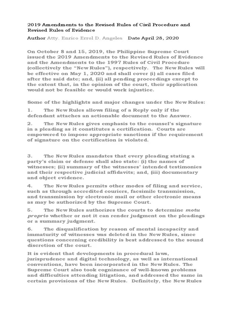 2019 Amendments To The Revised Rules Of Civil Procedure And Revised ...