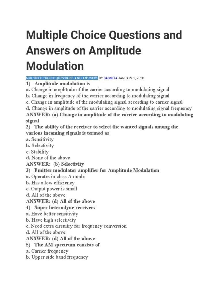 Multiple Choice Questions And Answers On Amplitude Modulation | PDF | Frequency Modulation ...