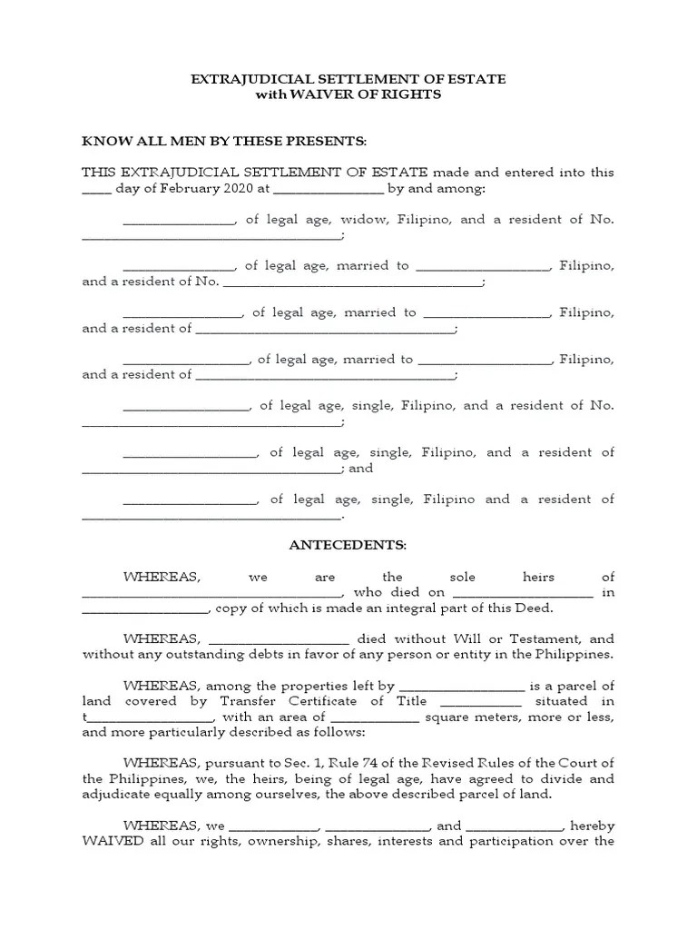 Extrajudicial Settlement Of Estate With Waiver Of Rights | PDF | Civil ...