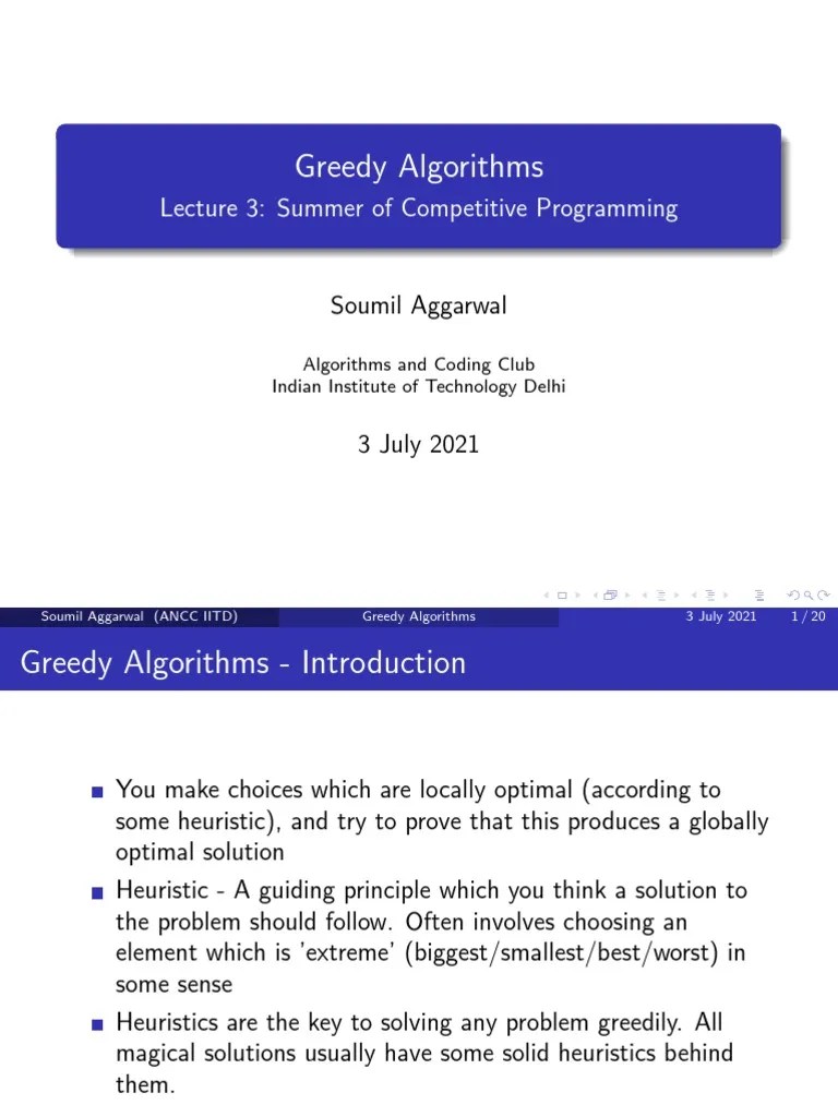 Greedy Algorithms: Lecture 3: Summer Of Competitive Programming ...