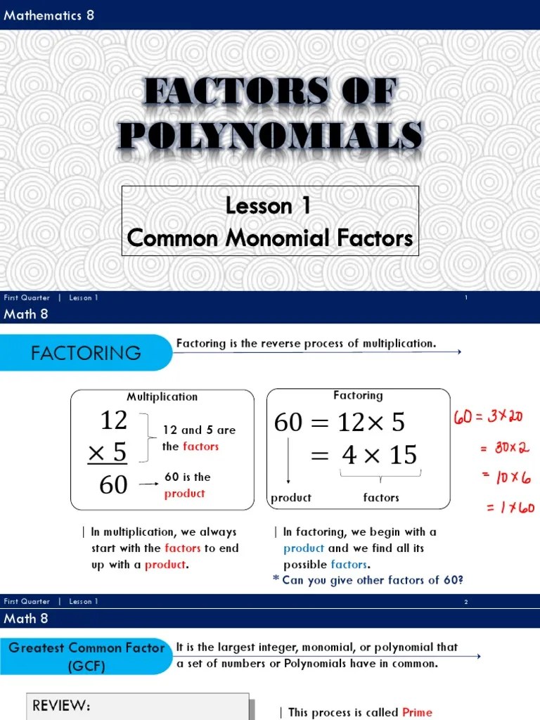 Math 8 Lesson 1 Common Monomial Factors | PDF | Factorization ...