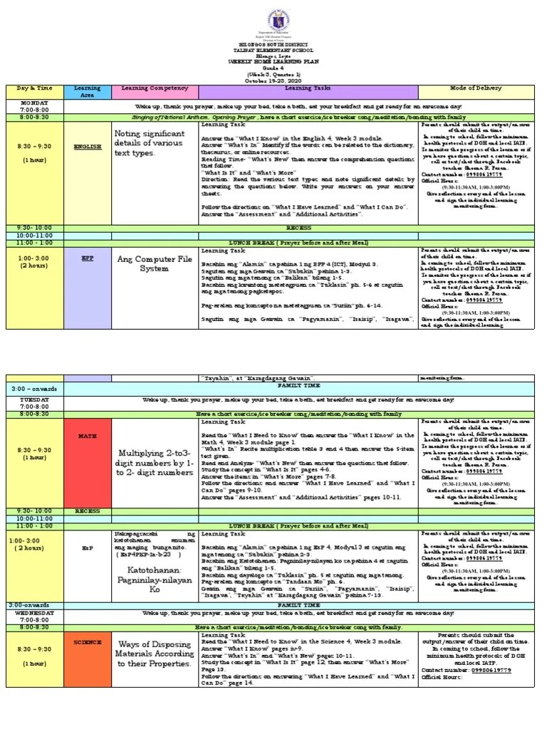 Weekly Home Learning Plan Grade 4 Week 3 | PDF | Learning | Behavior Modification