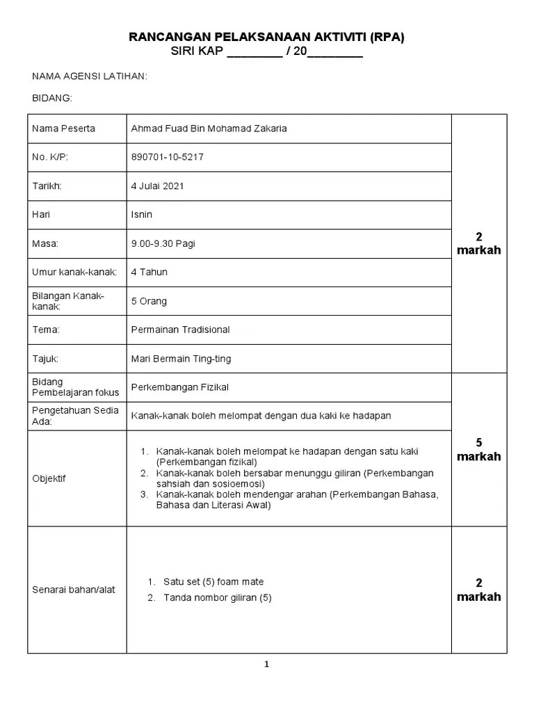 Perkembangan fizikal nama pendidik : Rpa Fizikal Taska Pdf