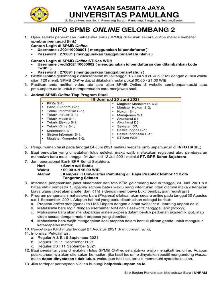 Untuk ujian online melalui spmb unpam atau spmb.unpam.ac.id. Spmb Online Gelombang 2 1 Pdf