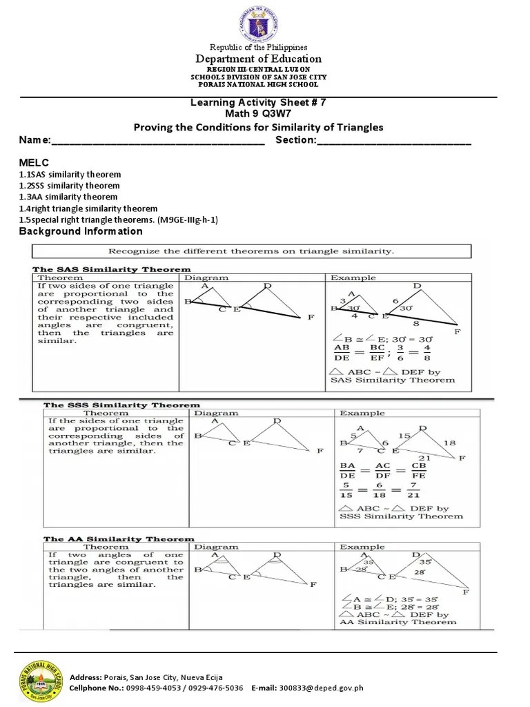 Proving The Conditions For Similarity Of Triangles: A Learning Activity Sheet On The Fundamental ...