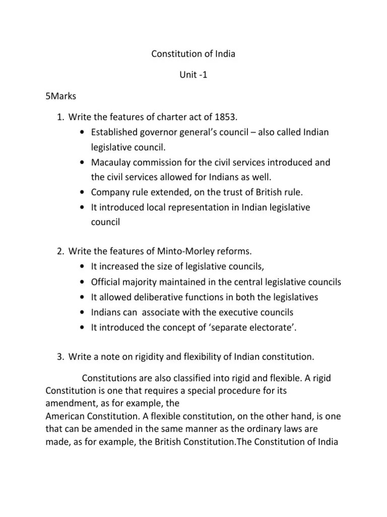 Constitution Of India-5,10,20 Marks Question Bank | PDF | Constitution | Constitutional Amendment