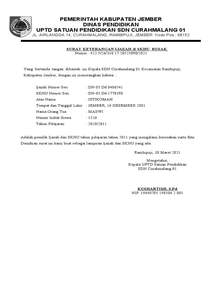 Surat Keterangan Ijazah Rusak | PDF