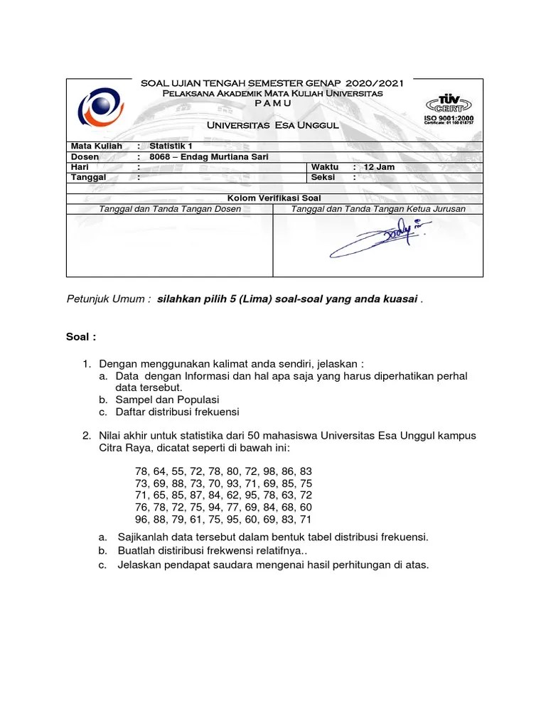 Soal UTS Statistik 1 | PDF