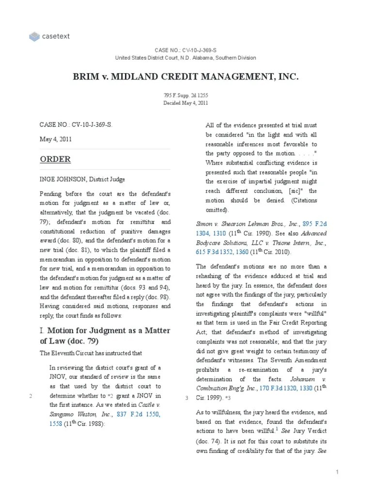 Brim V Midland Credit Management Inc Pdf Punitive Damages Damages