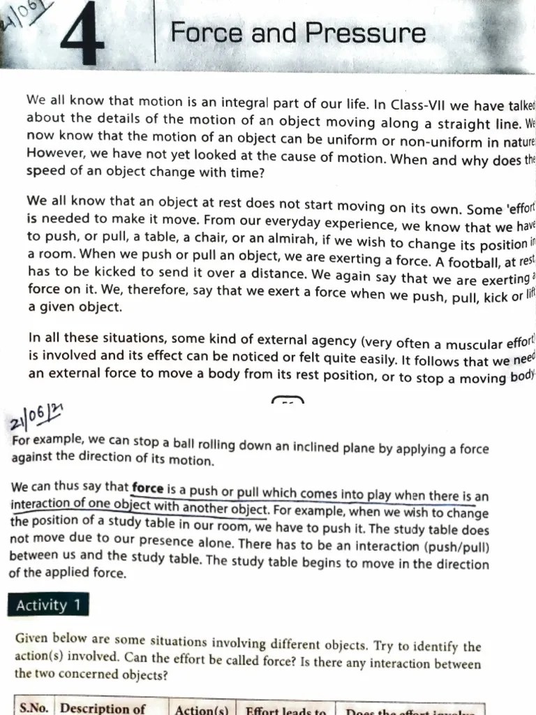 Class 8 Science Physics Force And Pressure | PDF | Force | Atmosphere Of Earth