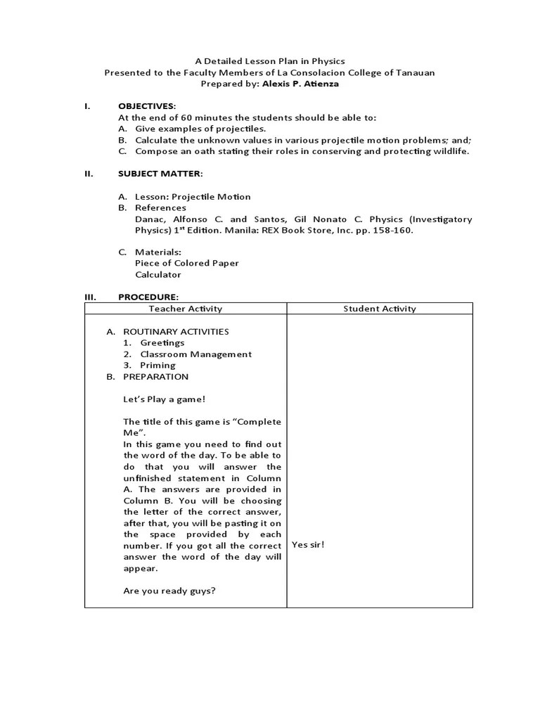 Detailed Lesson Plan In Physics-1 PROJECTILE | PDF | Projectiles | Trajectory