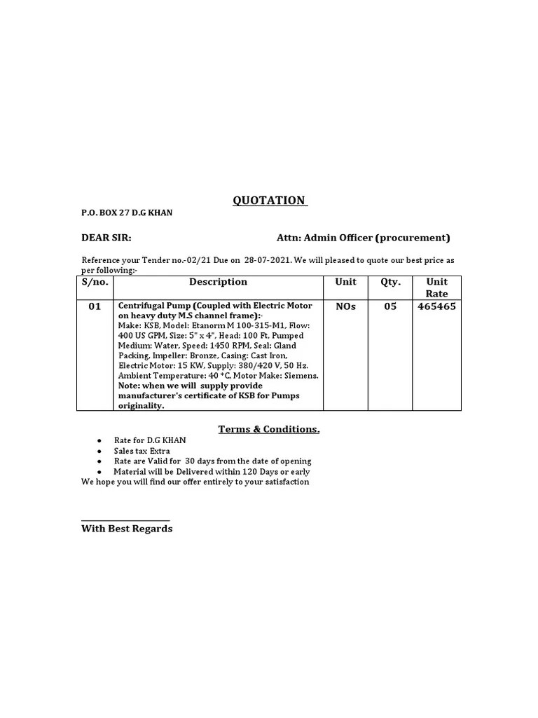 Quotation: Dear Sir: Attn: Admin Officer (Procurement) | PDF