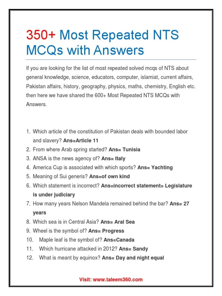350+ Most Repeated NTS MCQs With Answers | PDF | Canal | Tigris