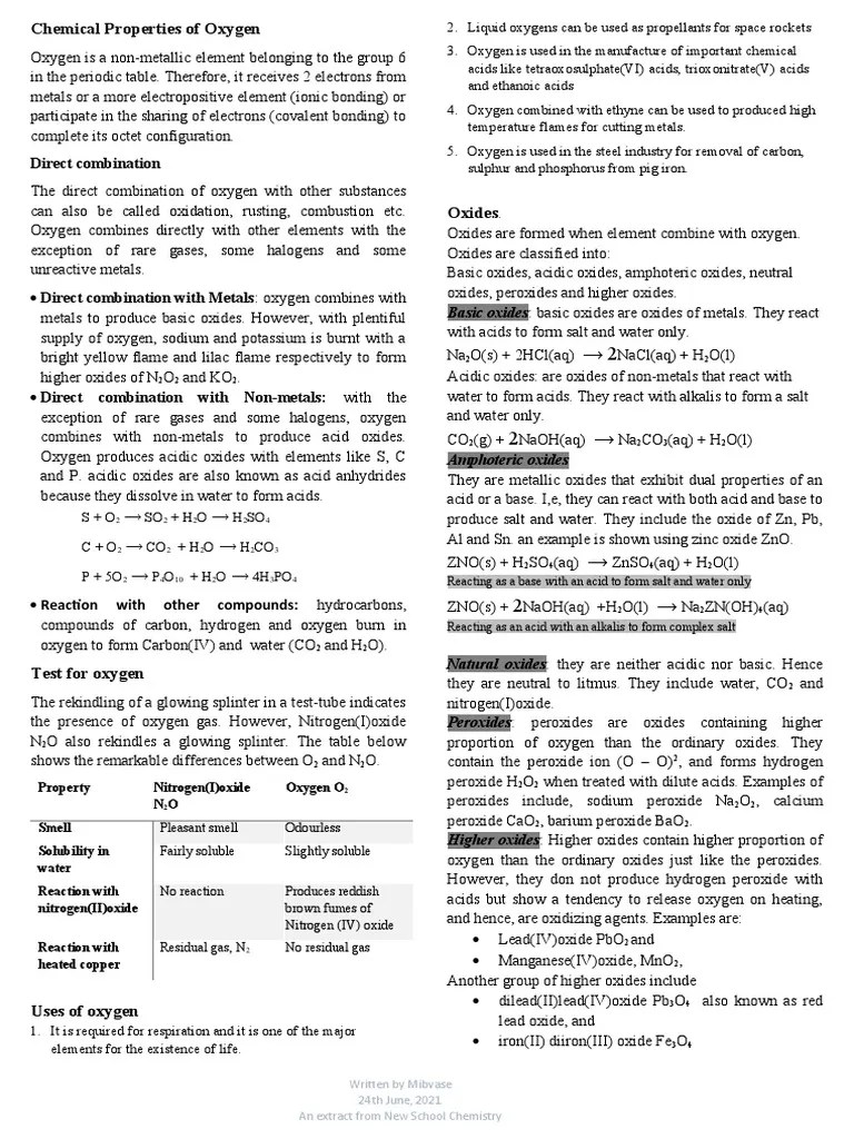 Chemical Properties Of Oxygen | PDF | Oxide | Oxygen