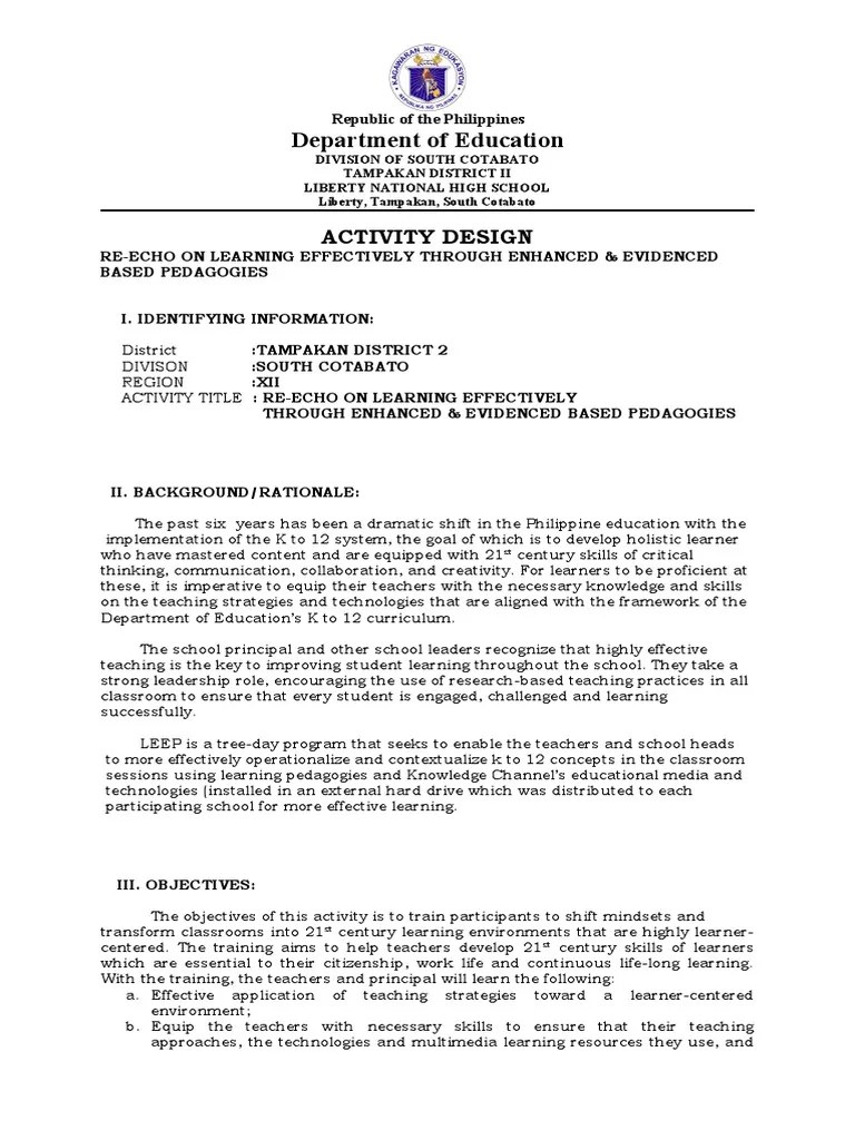 Department Of Education: Activity Design | PDF | Teachers | Learning