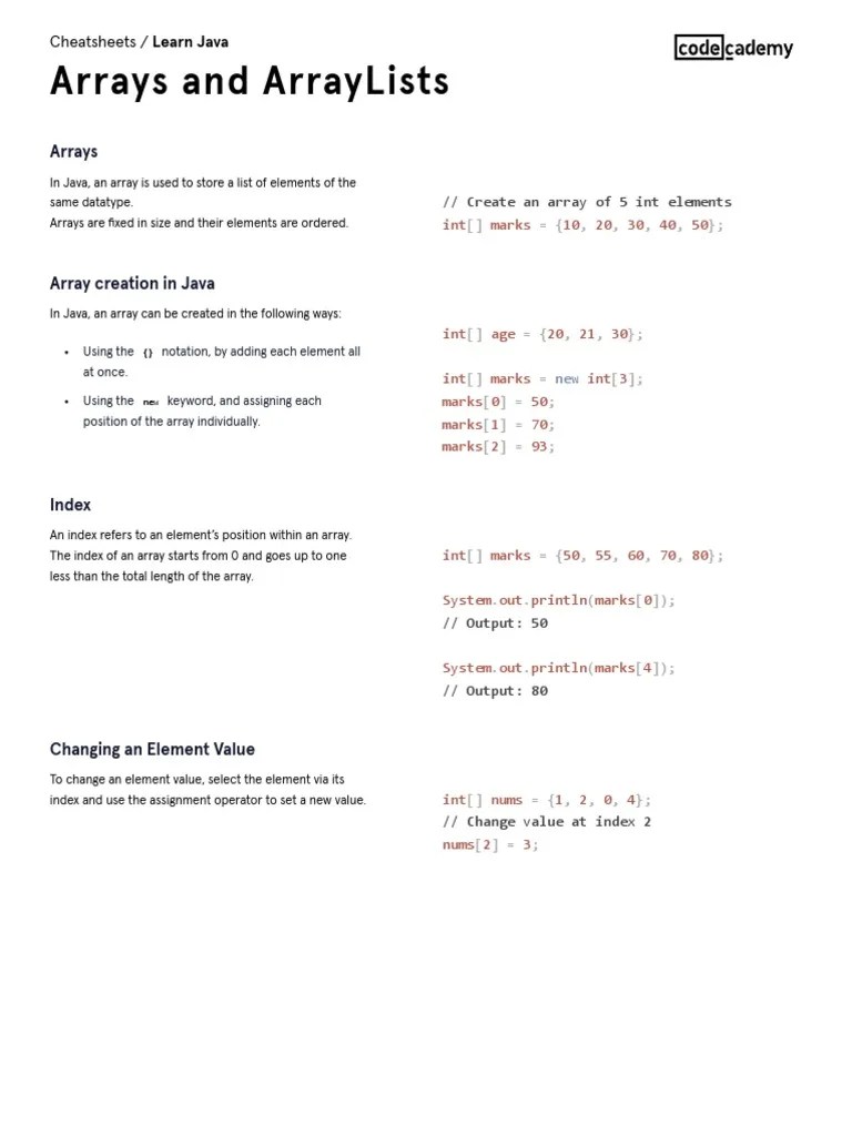 Learn Java - Arrays And ArrayLists Cheatsheet - Codecademy | PDF ...
