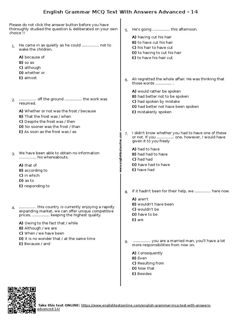 641 English Grammar MCQ Test With Answers Advanced 14 | PDF | Multiple Choice