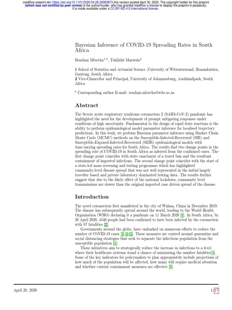 Bayesian Inference Of COVID-19 Spreading Rates In South Africa ...