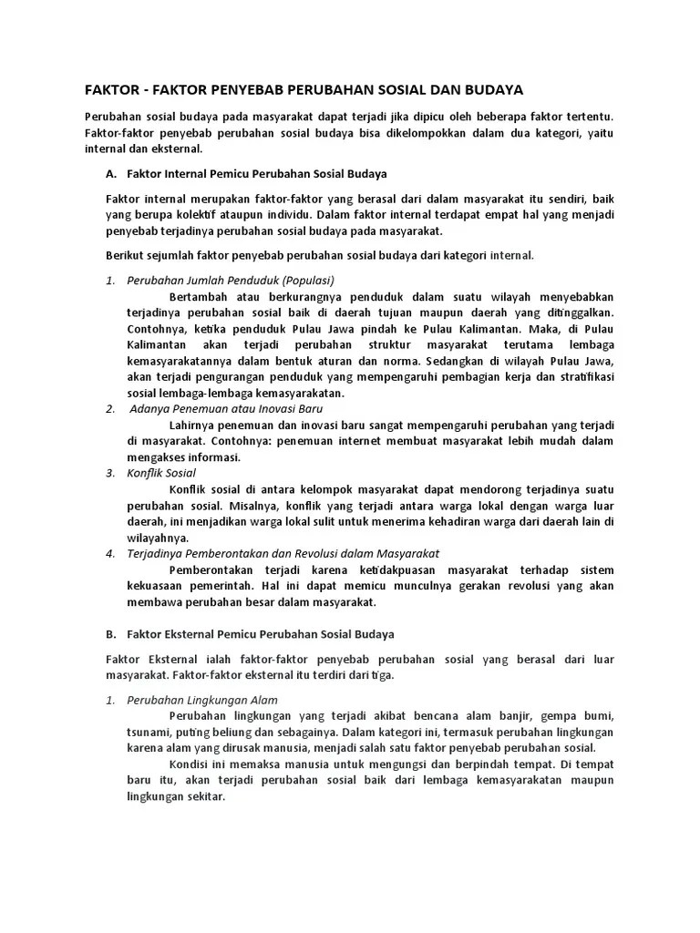 Faktor Faktor Penyebab Perubahan Sosial Dan Kebudayaan | PDF