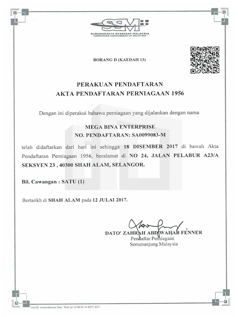 Akan mempunyaai 12 digit nombor; Ssm D Form Pdf