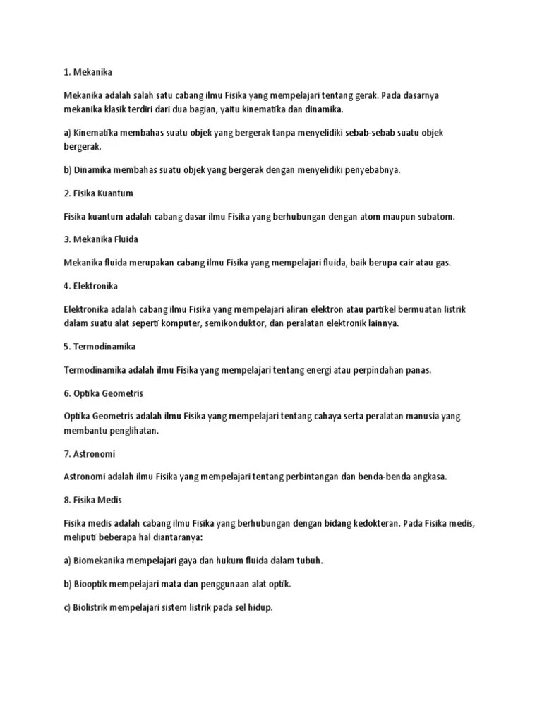 Sebutkan Dan Jelaskan Macam-Macam Cabang Ilmu Fisika Berdasarkan Bida-WPS Office | PDF