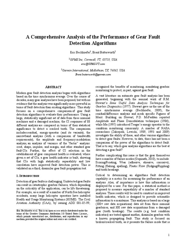 A Comprehensive Analysis Of The Performance Of Gear Fault Detection Algorithms | PDF | Frequency ...