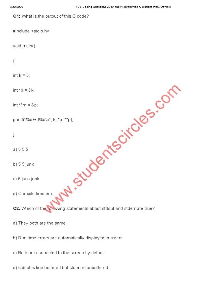 TCS Coding Questions 2019 And Programming Questions With Answers | PDF ...