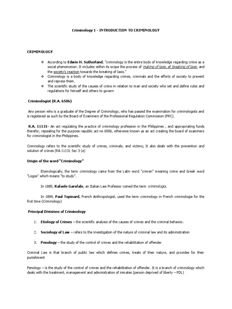 Crim 1 - INTRO TO CRIMINOLOGY - Module | PDF | Id | Criminology