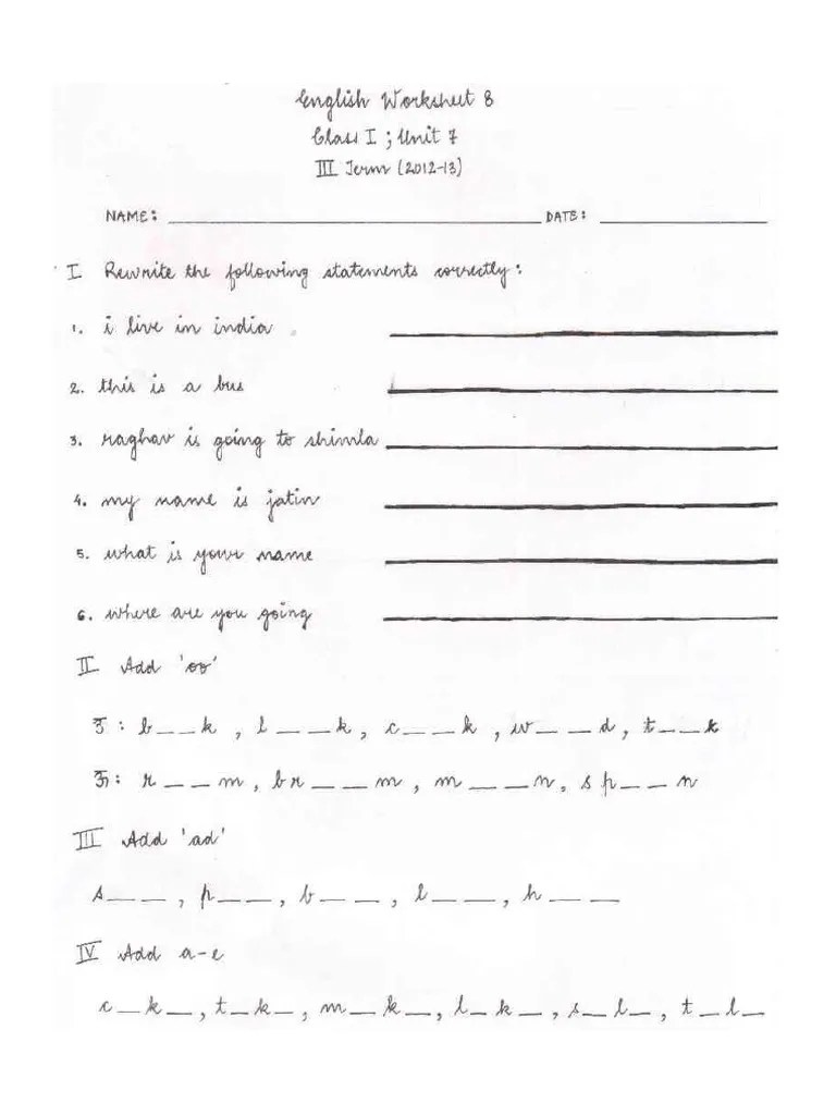 CBSE Class 1 English Worksheet | PDF