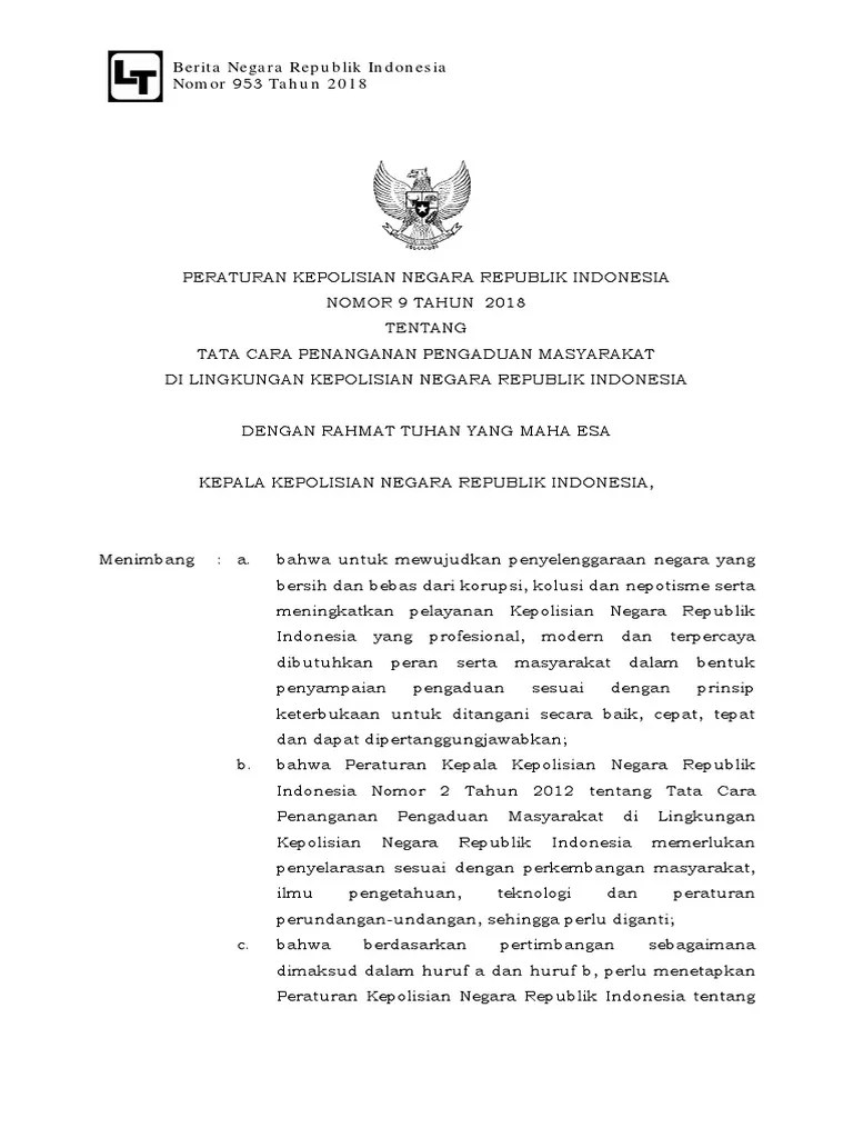 Perpol Nomor 9 Tahun 2018 Tentang Tata Cara Penanganan Pengaduan Masyarakat Dumas Di Lingkungan ...