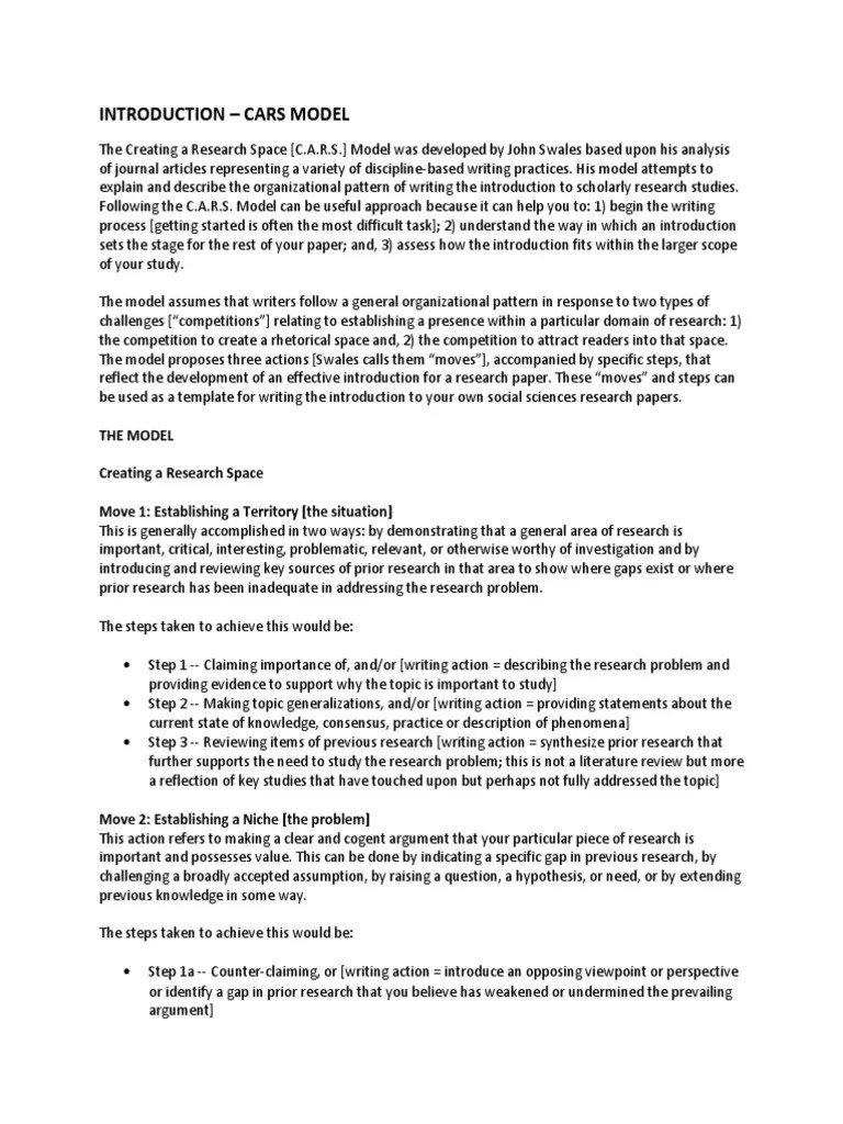 Introduction - Cars Model: The Model Creating A Research Space Move 1: Establishing A Territory ...