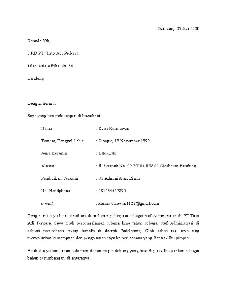 Contoh Surat Lamaran Kerja Admin | PDF