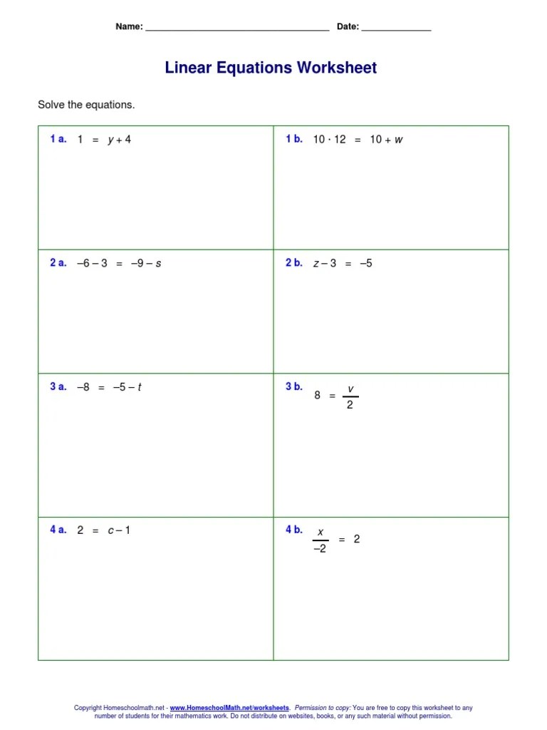 Linear Equations Worksheet | PDF