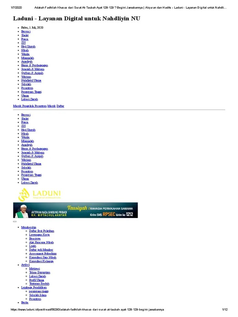 Bacaan dalam tulisan arab latin, mâ. Adakah Fadhilah Khusus Dari Surat At Taubah Ayat 128 129 Begini Jawabannya Alquran Dan Hadits Laduni Layanan Digital Untuk Nahdliyin Nu Pdf