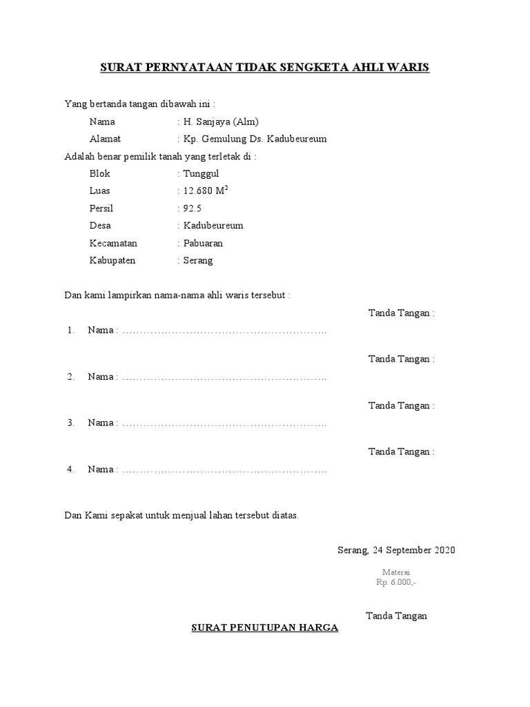 Surat Pernyataan Tidak Sengketa Ahli Waris | PDF