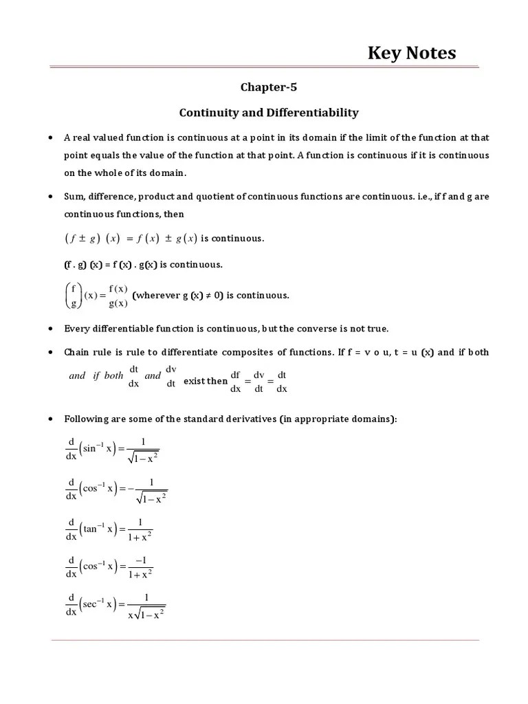 Key Notes: Chapter-5 Continuity And Differentiability | PDF ...