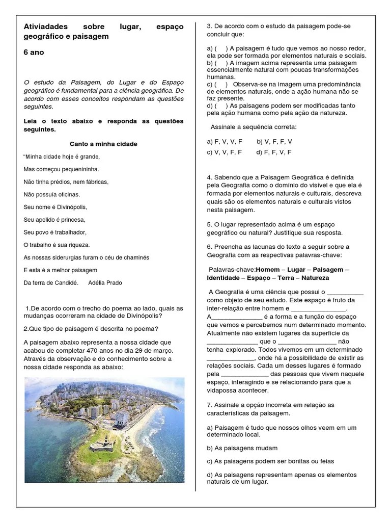 Atividade Sobre Lugar, Paisagem E Espaco Geografico | PDF | Paisagem | Geografia
