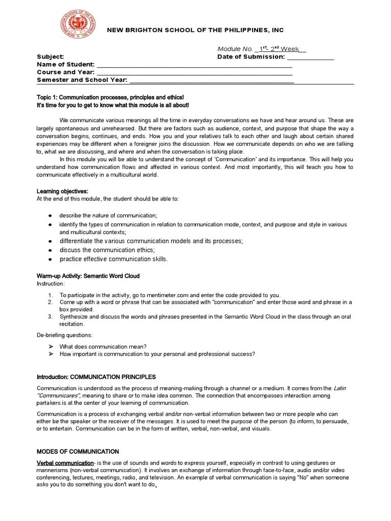 Topic 1 Module 1 Communication Processes, Principles, And Ethics | PDF | Communication ...