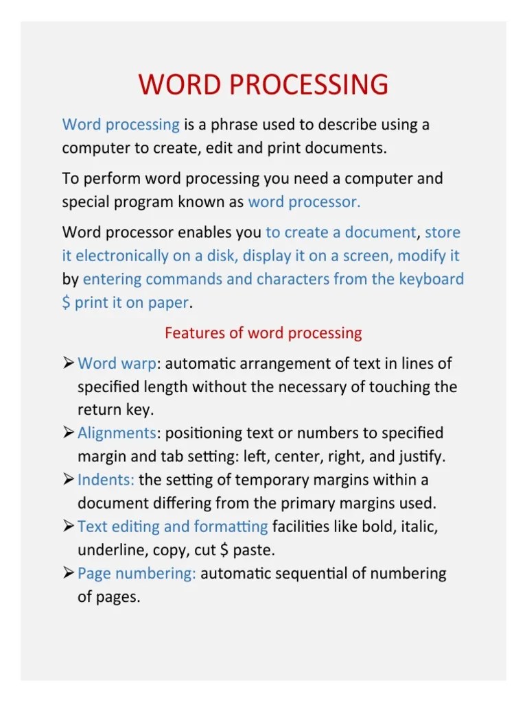 Features Of Word Processing | PDF | Word Processor | Microsoft Excel