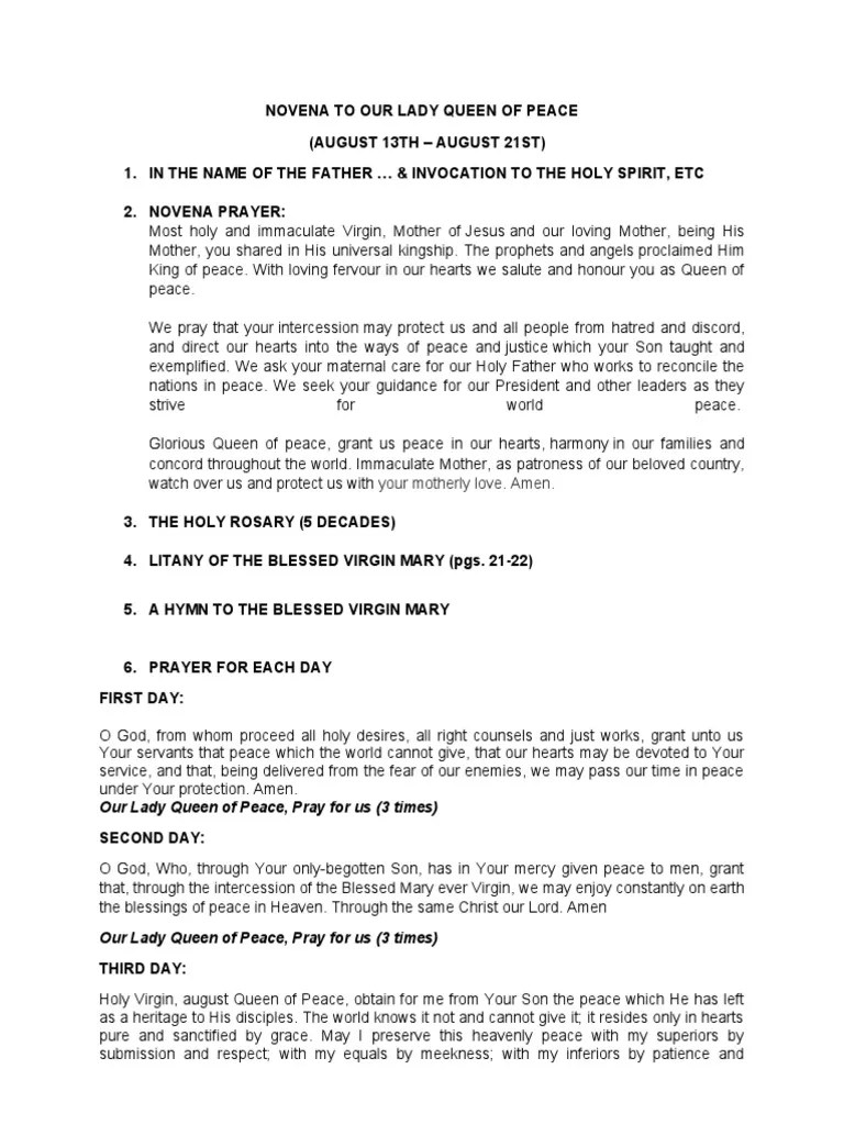 Novena To Our Lady Queen Of Peace | PDF | Mary, Mother Of Jesus | Prayer