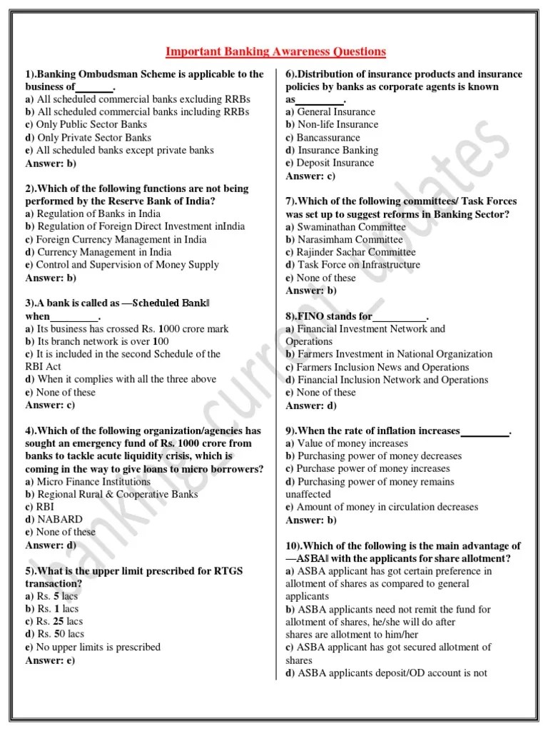 2000 Banking Awareness MCQs | PDF | Reserve Bank Of India | Banks