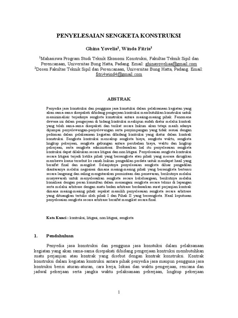 Wanprestasi sebagai dasar gugatan sengketa konstruksi. Jurnal Penyelesaian Sengketa Konstruksi Pdf